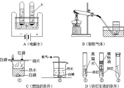 請結(jié)合如圖所示實驗回答問題:(1)儀器a的名稱是 .電解水的過程中.發(fā)生改變的微粒是 .(2)寫出一個用裝置B制取氣體的化學(xué)方程式 .當氣體收集滿后.從水槽中取出集氣瓶的正確操作順序是 .①將導(dǎo)氣管移出集氣瓶口 ②將集氣瓶和玻璃片一起移出水面③在水面下用玻璃片蓋住集氣瓶口 ④將集氣瓶正放在桌面上(3)C中發(fā)生反應(yīng)的化學(xué)方程式為 ,D中最容易生銹的是 .鐵制品生銹的條件是 . 題目和參考答案--精英家教網(wǎng)--